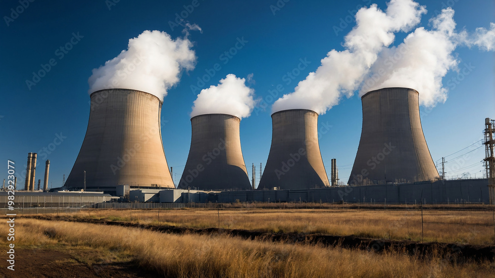 Nuclear power plant with three cooling towers and clear blue sky in the background, emitting white steam. Nuclear power plant with three cooling towers and clear blue sky in the background, emitting white steam.