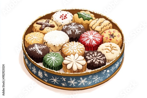 a cheerful scene of a japanese holiday cookie tin filled with assorted homemade cookies, topped with powdered sugar resembling snow illustration