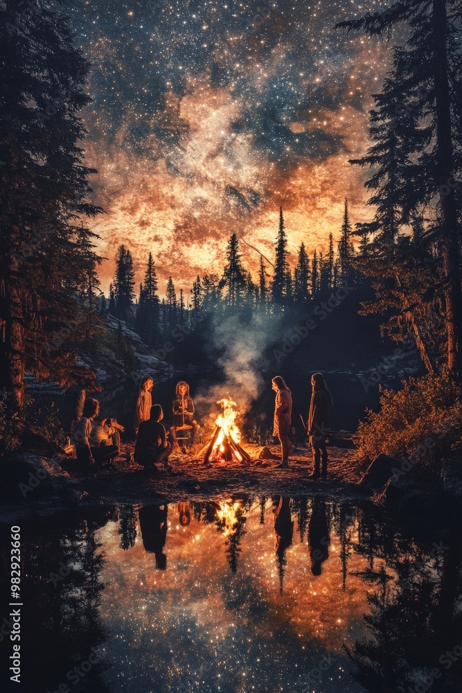 A group of people are gathered around a campfire in a forest A group of people are gathered around a campfire in a forest