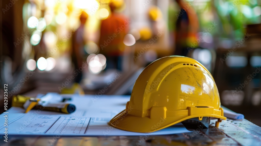 Yellow helmet on a construction site table with blueprints Yellow helmet on a construction site table with blueprints
