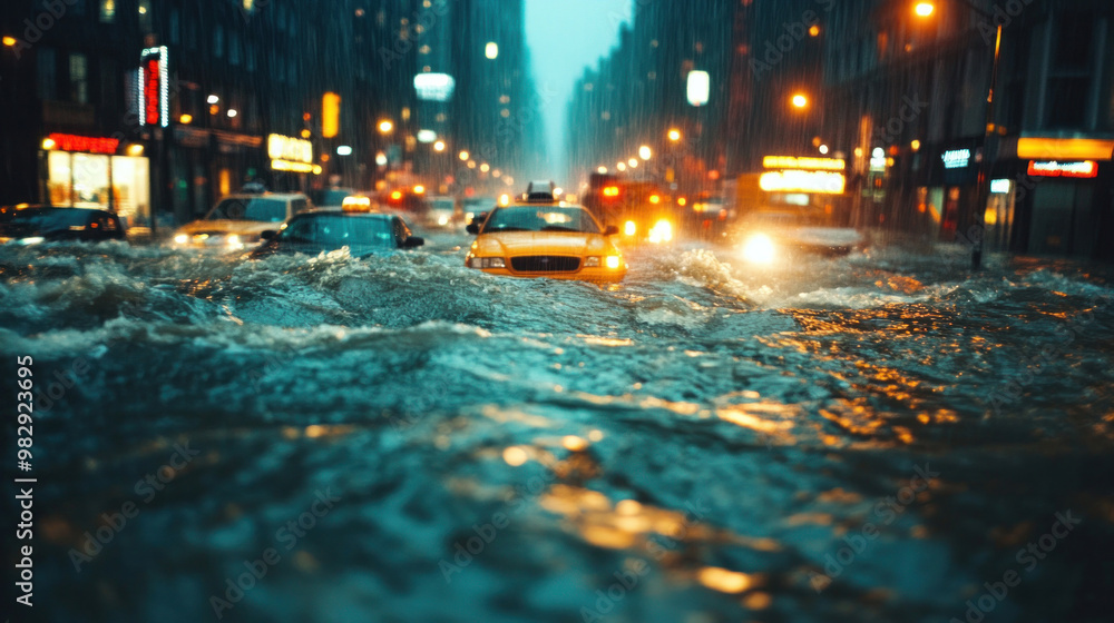 A dense urban area overwhelmed by sudden flooding, with streets and subways submerged under water A dense urban area overwhelmed by sudden flooding, with streets and subways submerged under water