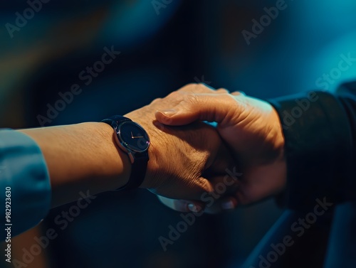 Close-up of two hands shaking, symbolizing agreement, partnership, or friendship in a professional setting.