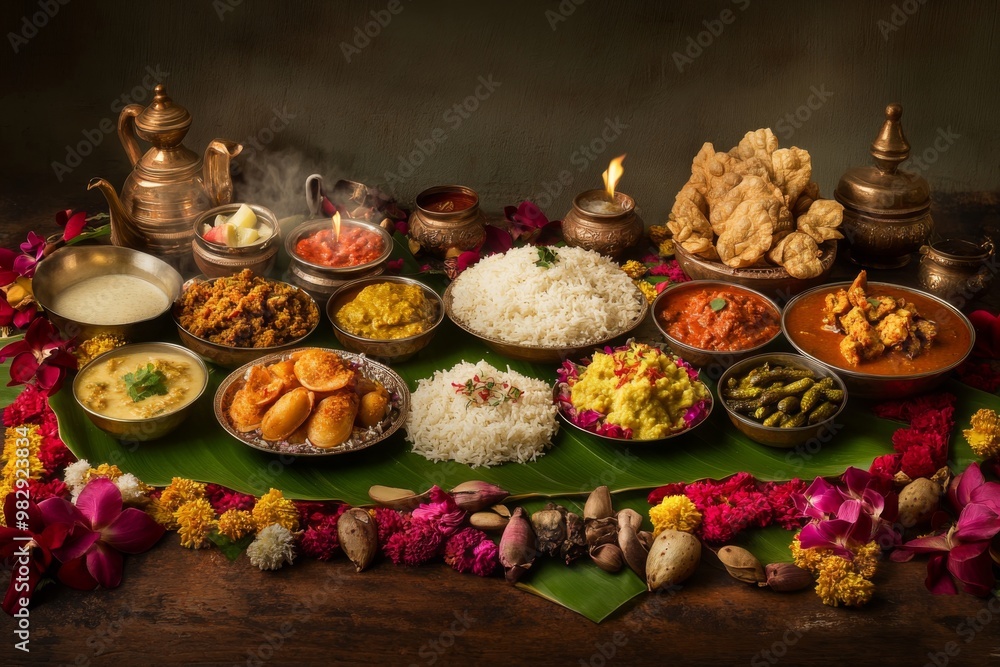 a colorful and appetizing onam sadya spread on a banana leaf, featuring an assortment of kerala-style curries, pickles, and papadams, surrounded by festive decorations. a colorful and appetizing onam sadya spread on a banana leaf, featuring an assortment of kerala-style curries, pickles, and papadams, surrounded by festive decorations.