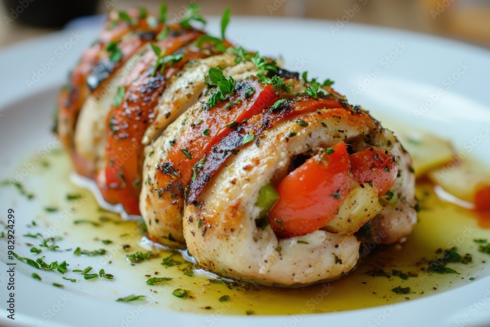 Stuffed Chicken Dinner: Delicious Meal with Roasted Chicken, Fresh Herbs, and Vegetable Garnish Stuffed Chicken Dinner: Delicious Meal with Roasted Chicken, Fresh Herbs, and Vegetable Garnish