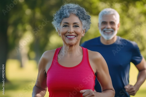 Seniors jogging together in a park during a sunny afternoon