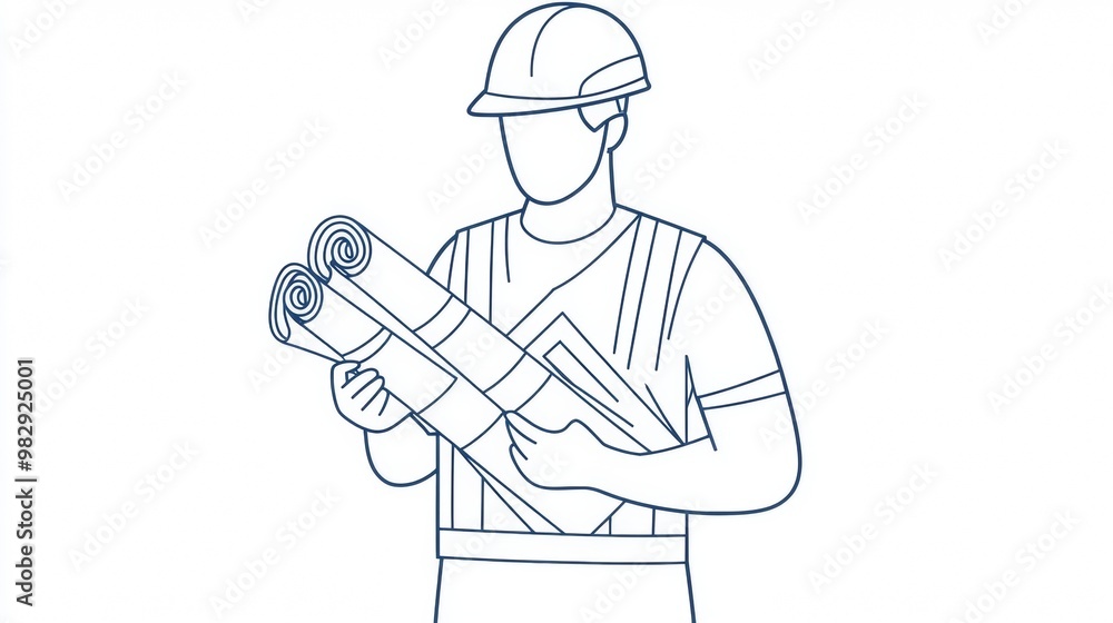 Minimalist Line Drawing of a Construction Worker with Blueprints. Focus on Planning and Construction Minimalist Line Drawing of a Construction Worker with Blueprints. Focus on Planning and Construction