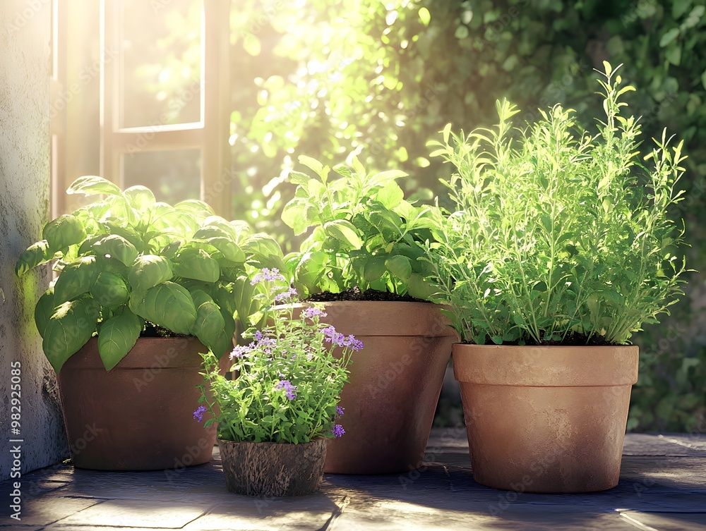 Organic herb garden featuring pots of fresh basil, mint, and rosemary in bright sunlight Organic herb garden featuring pots of fresh basil, mint, and rosemary in bright sunlight