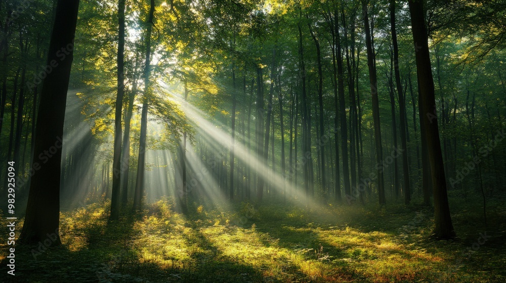 Obraz premium Sunlight in Moody Forrest: Summer Light and Nature Background