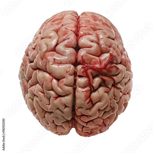 Anatomical model of human brain showing convolutions, lobes, and blood vessels for medical study