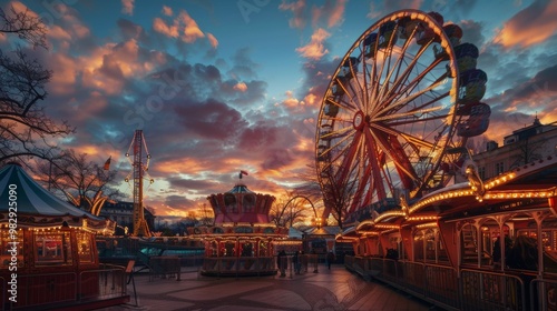 great fair with games and wheel of fortune in a beautiful dramatic sunset