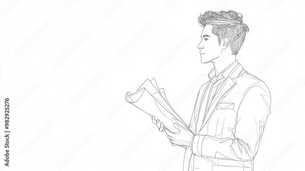 Architect Holding Blueprint Sketch. Continuous Line Drawing Architect Holding Blueprint Sketch. Continuous Line Drawing