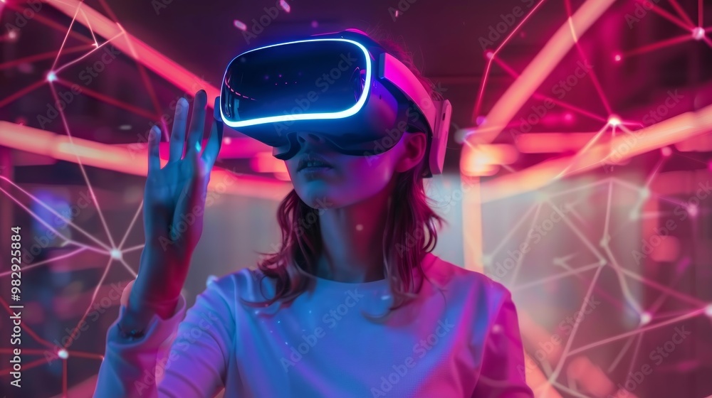 The woman is fully immersed in a cuttingedge virtual reality experience using advanced VR equipment The woman is fully immersed in a cuttingedge virtual reality experience using advanced VR equipment