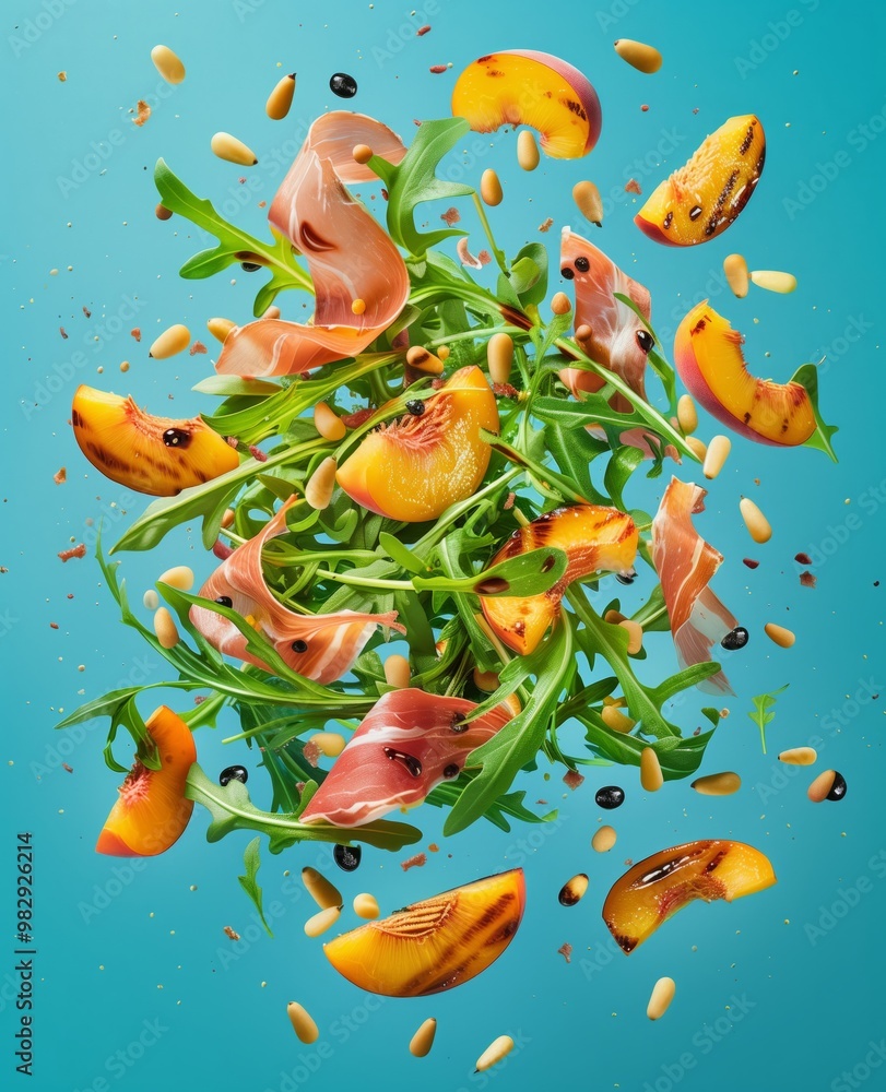 Vibrant salad with grilled peaches, prosciutto, arugula, and pine nuts suspended in mid-air against a bright blue background Vibrant salad with grilled peaches, prosciutto, arugula, and pine nuts suspended in mid-air against a bright blue background