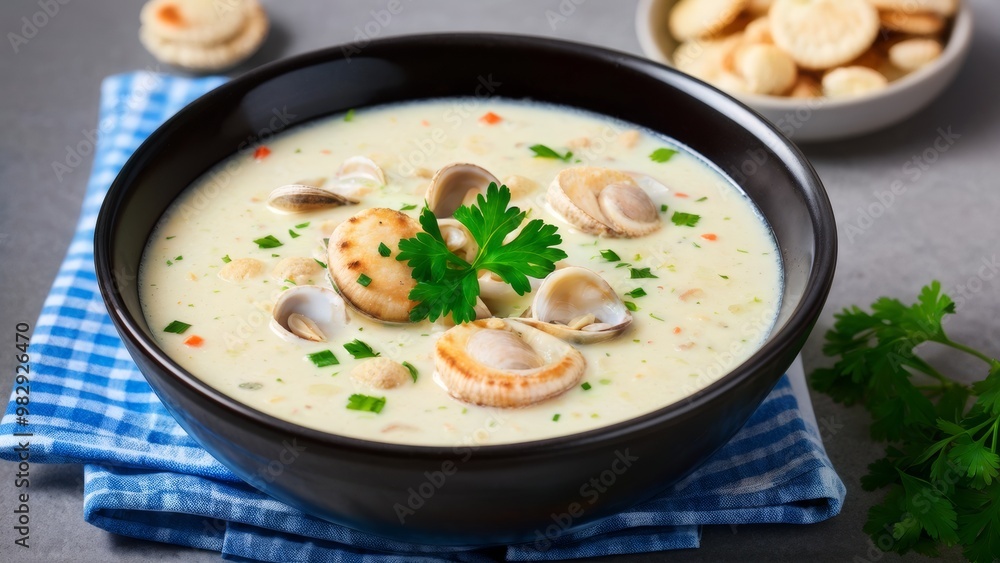Clam chowder in creamy sauce, garnished with fresh parsley, served with oyster crackers. Clam chowder in creamy sauce, garnished with fresh parsley, served with oyster crackers.