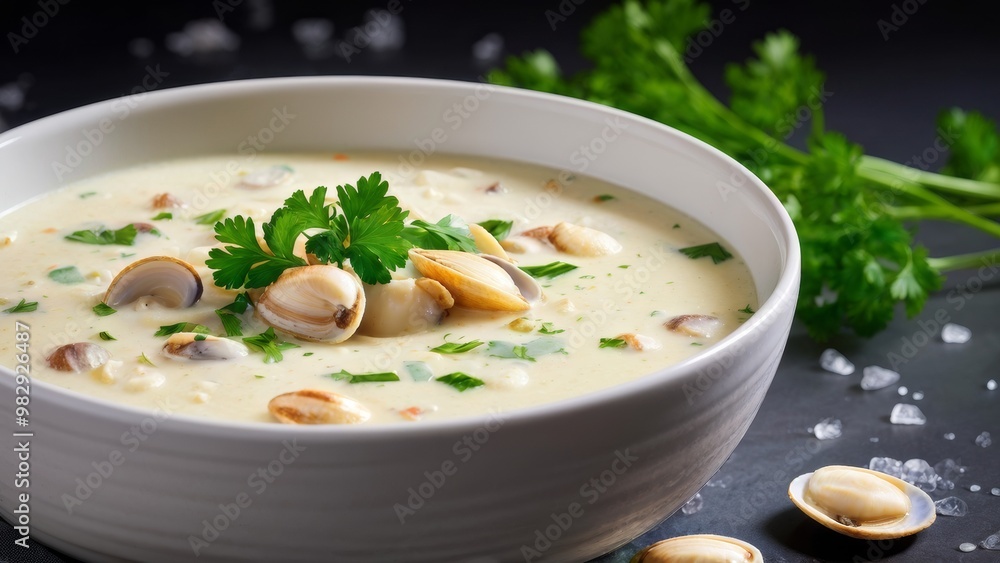 Clam chowder in creamy sauce, garnished with fresh parsley, served with oyster crackers. Clam chowder in creamy sauce, garnished with fresh parsley, served with oyster crackers.