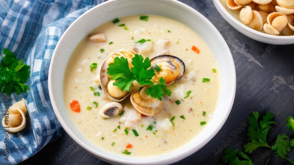 Clam chowder in creamy sauce, garnished with fresh parsley, served with oyster crackers. Clam chowder in creamy sauce, garnished with fresh parsley, served with oyster crackers.
