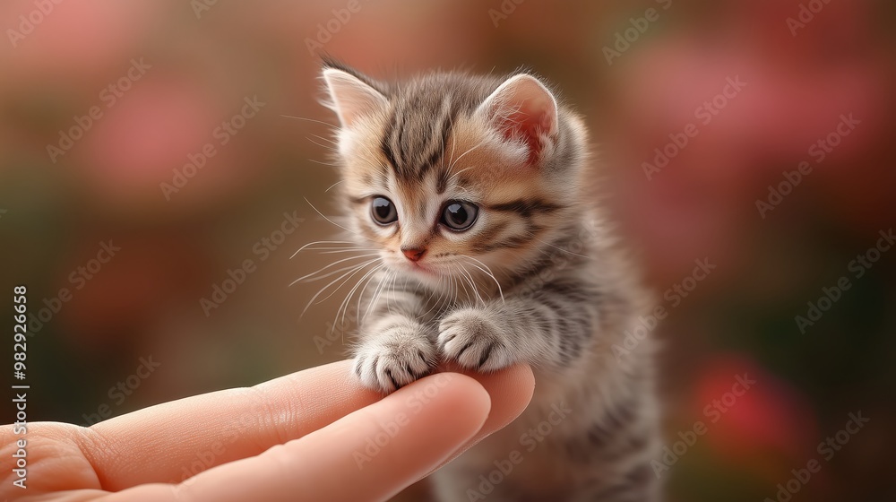 Obraz premium A tiny, striped kitten perched adorably on a person's finger with a softly blurred, warm-toned autumn background, evoking feelings of warmth and love.