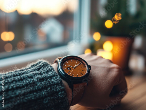 A person using a smartwatch to authorize an IoT-based payment, real-time confirmation in a connected smart home photo