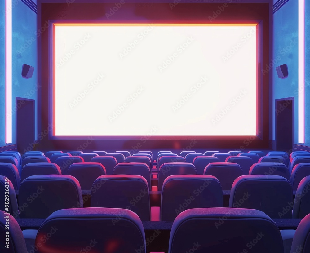 A brightly lit empty cinema showcasing a large screen and blue seats before the movie starts at night A brightly lit empty cinema showcasing a large screen and blue seats before the movie starts at night