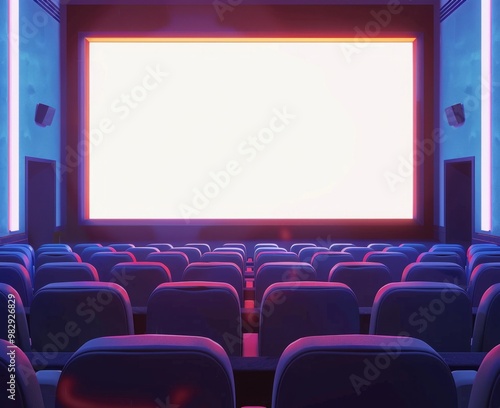 A brightly lit empty cinema showcasing a large screen and blue seats before the movie starts at night