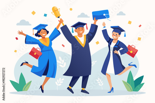VECTOR illustration of happy graduates celebrating and jumping with joy