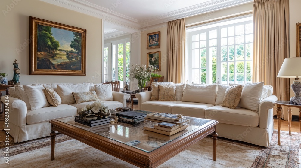 Fototapeta premium A big, comfy cream-colored sofa sits in the roomy living room.