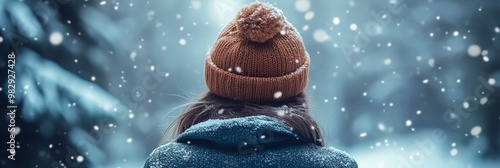 A woman wearing a brown hat and a blue coat is standing in the snow. Concept of warmth and comfort, as the woman is dressed appropriately for the cold weather photo