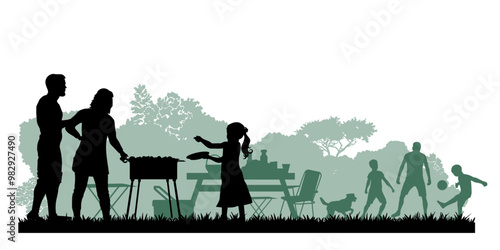 Family silhouettes. Father, mother and children had a picnic in nature. Vector illustration	
