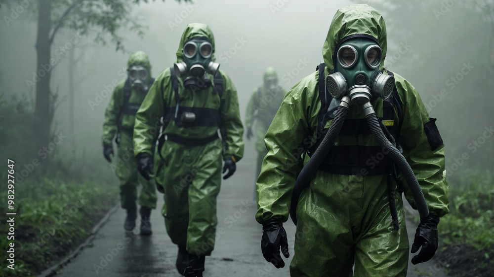 Group of people in green hazmat suits with gas masks walking down a foggy forest path, serious mood Group of people in green hazmat suits with gas masks walking down a foggy forest path, serious mood