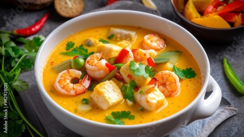 A plate of creamy coconut curry soup seasoned with shrimp, tofu, bell pepper and green peas, fresh coriander leaves as a side dish.