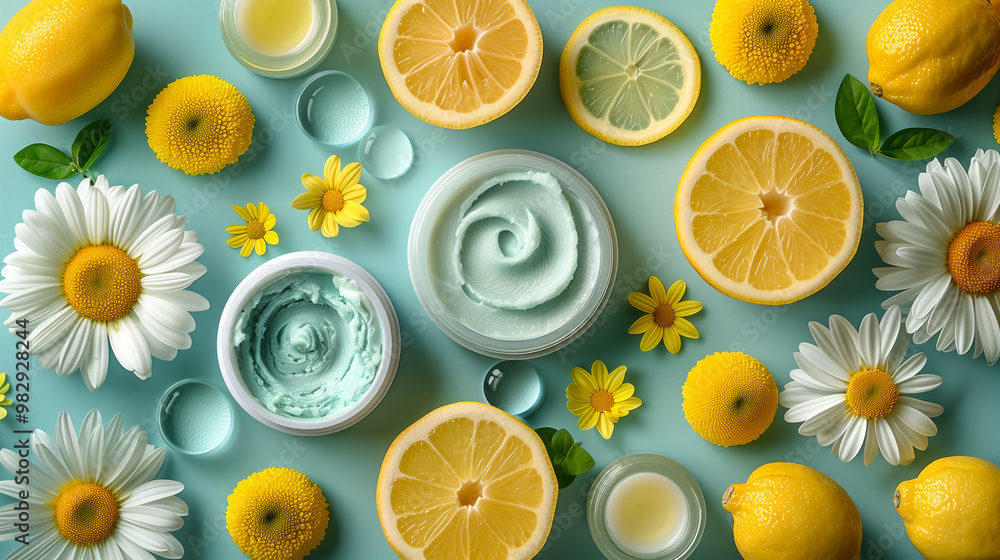 Fresh Lemon and Floral Arrangement Showcasing Natural Skincare Products and Refreshing Colors Fresh Lemon and Floral Arrangement Showcasing Natural Skincare Products and Refreshing Colors