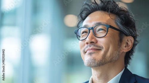 A joyful man with glasses gazes upwards indoors, conveying a sense of optimism and reflection amidst a softly lit, blurred background scene. photo