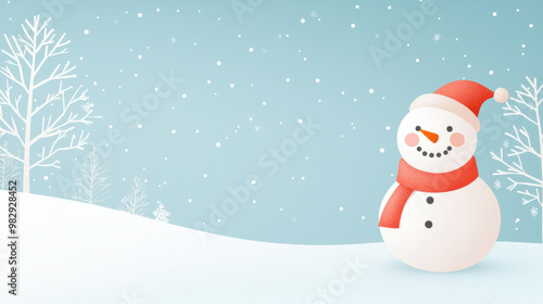 A cheerful snowman stands in serene winter landscape, surrounded by gently falling snowflakes and frosted trees. scene captures essence of peaceful winter day