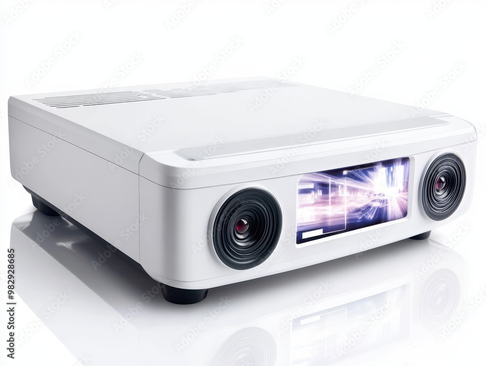 White Projector with Lens and Cityscape Image White Projector with Lens and Cityscape Image