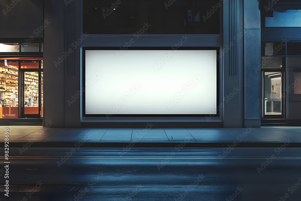 Bold Nighttime Advertising with a Blank Billboard at a Store's Street Window. Bold Nighttime Advertising with a Blank Billboard at a Store's Street Window.
