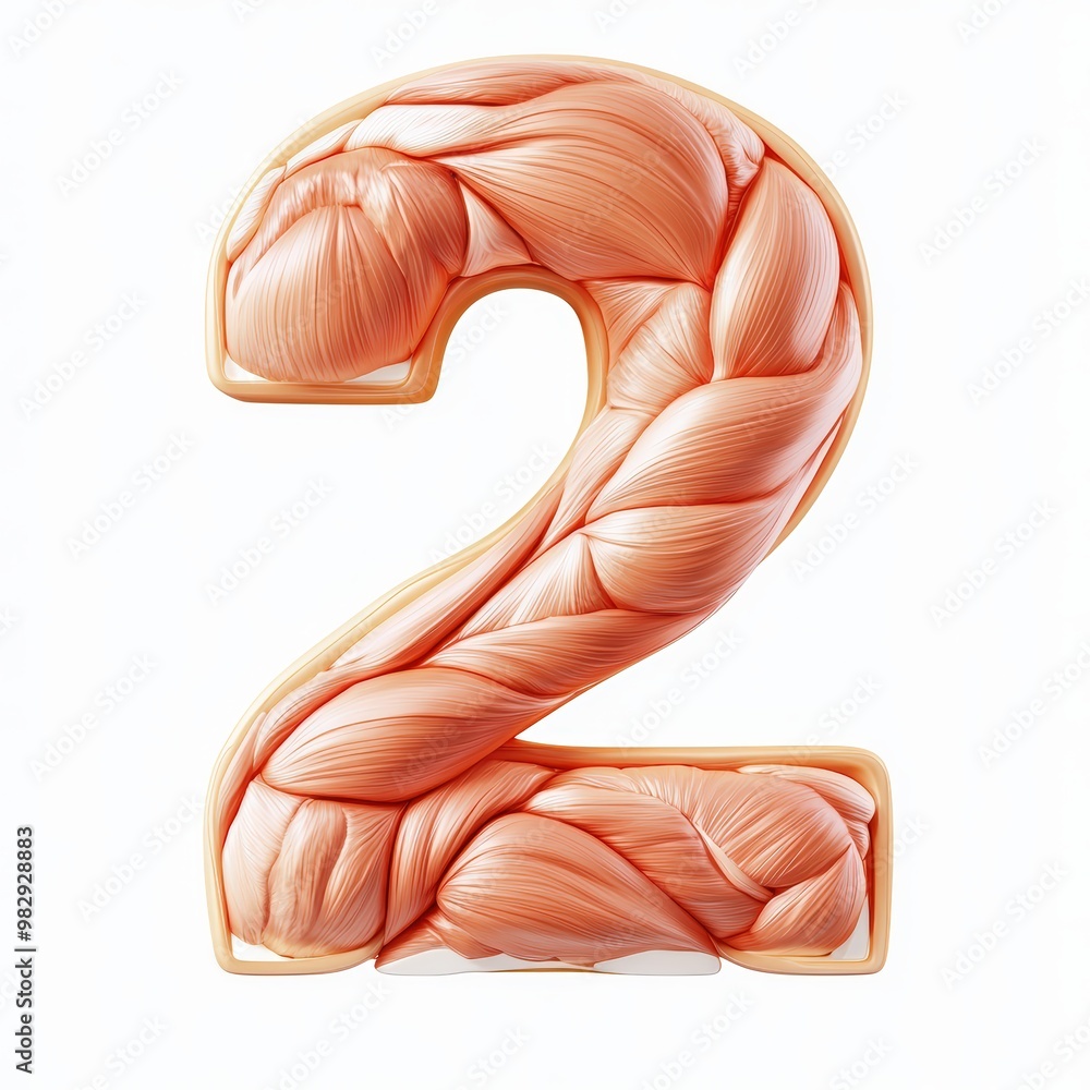 3D number 2 with muscle texture realistic modern design, soft lighting, white background. 3D number 2 with muscle texture realistic modern design, soft lighting, white background.