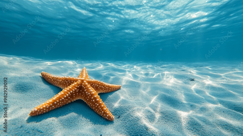 A big starfish rests on the ocean floor, surrounded by clear blue water. There's plenty of space above it, perfect for adding a message about vacation and relaxation. A big starfish rests on the ocean floor, surrounded by clear blue water. There's plenty of space above it, perfect for adding a message about vacation and relaxation.