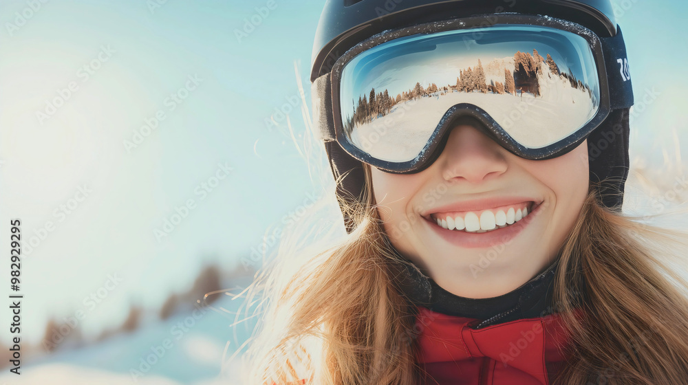 Portrait of happy young woman, cheerful excited smiling adult girl with ski googles or glasses enjoy winter holiday vacation in a beautiful mountain resort for ski and snowboard sport recreation Portrait of happy young woman, cheerful excited smiling adult girl with ski googles or glasses enjoy winter holiday vacation in a beautiful mountain resort for ski and snowboard sport recreation