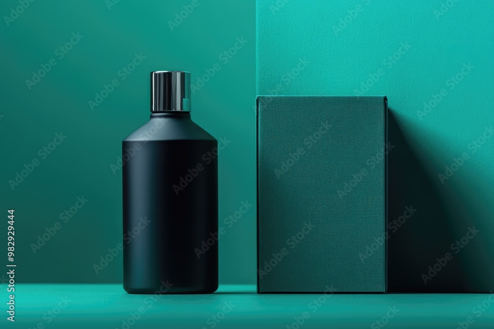 black cosmetic bottle with metal cap next to an emerald green box black cosmetic bottle with metal cap next to an emerald green box