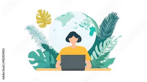 A man, woman, is sitting at his desk with the laptop screen showing social media on it, a flat design illustration