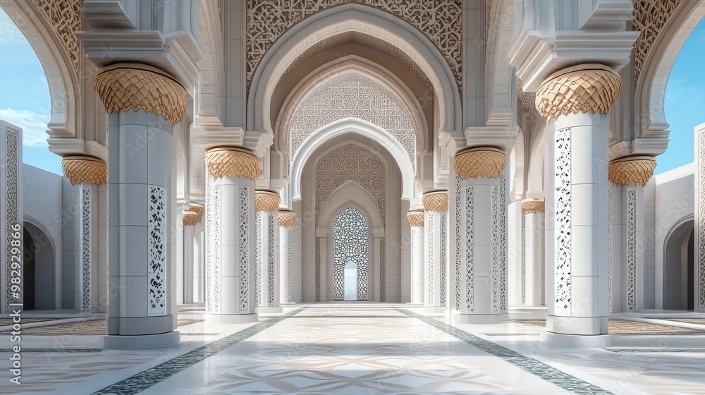 A stunning architectural interior featuring elegant arches, intricate designs, and a serene ambiance, showcasing elaborate craftsmanship and light. A stunning architectural interior featuring elegant arches, intricate designs, and a serene ambiance, showcasing elaborate craftsmanship and light.
