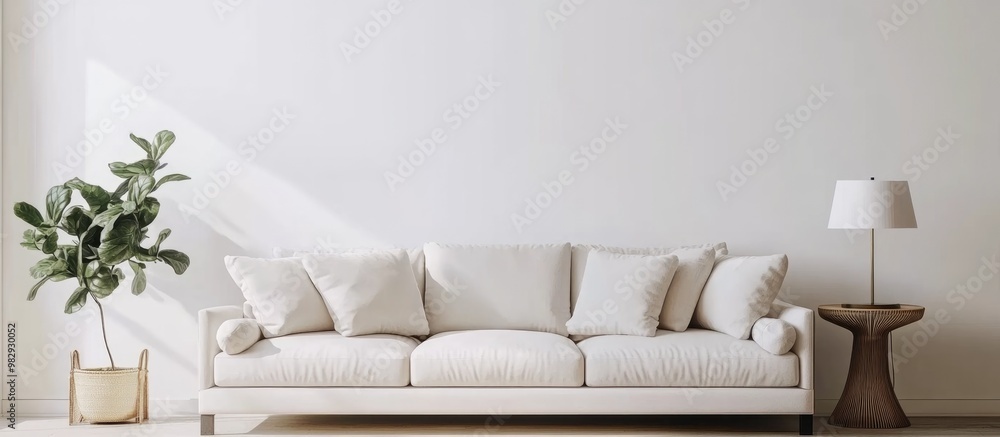 Bright and inviting contemporary living room featuring a sofa and lamp against a white wall backdrop 3D rendering Bright and inviting contemporary living room featuring a sofa and lamp against a white wall backdrop 3D rendering