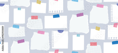 Memo notes pattern, seamless texture banner with blank paper pages taped to blue wall. Productivity concept background, to do lists, big plan template