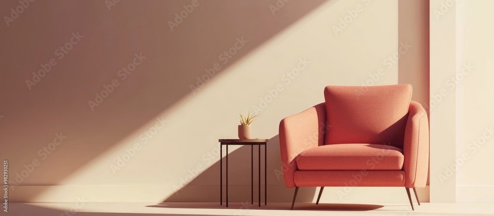 Isometric view of a single red armchair in a monochromatic room A side table complements the minimalistic living space in this 3D rendering Isometric view of a single red armchair in a monochromatic room A side table complements the minimalistic living space in this 3D rendering
