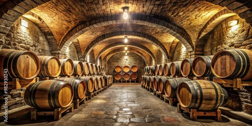 Medieval cellar with weathered wooden barrels full of wine in ancient historical setting