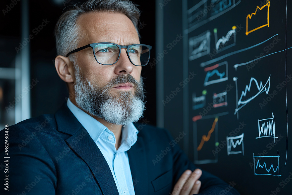 A focused executive is analyzing data on whiteboard, showcasing graphs and charts. His thoughtful expression reflects seriousness of negotiation process A focused executive is analyzing data on whiteboard, showcasing graphs and charts. His thoughtful expression reflects seriousness of negotiation process