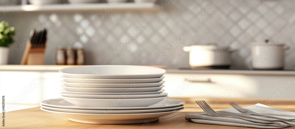 3D rendering of an empty dish set against a kitchen backdrop 3D rendering of an empty dish set against a kitchen backdrop