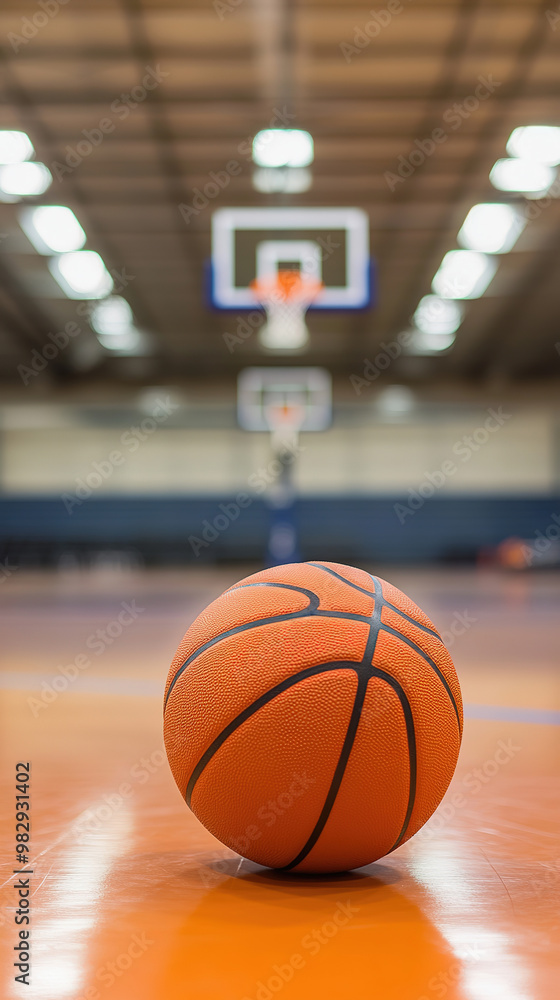 Naklejka premium orange basketball sits on the wooden gym floor, leading to blurred basketball hoop beyond