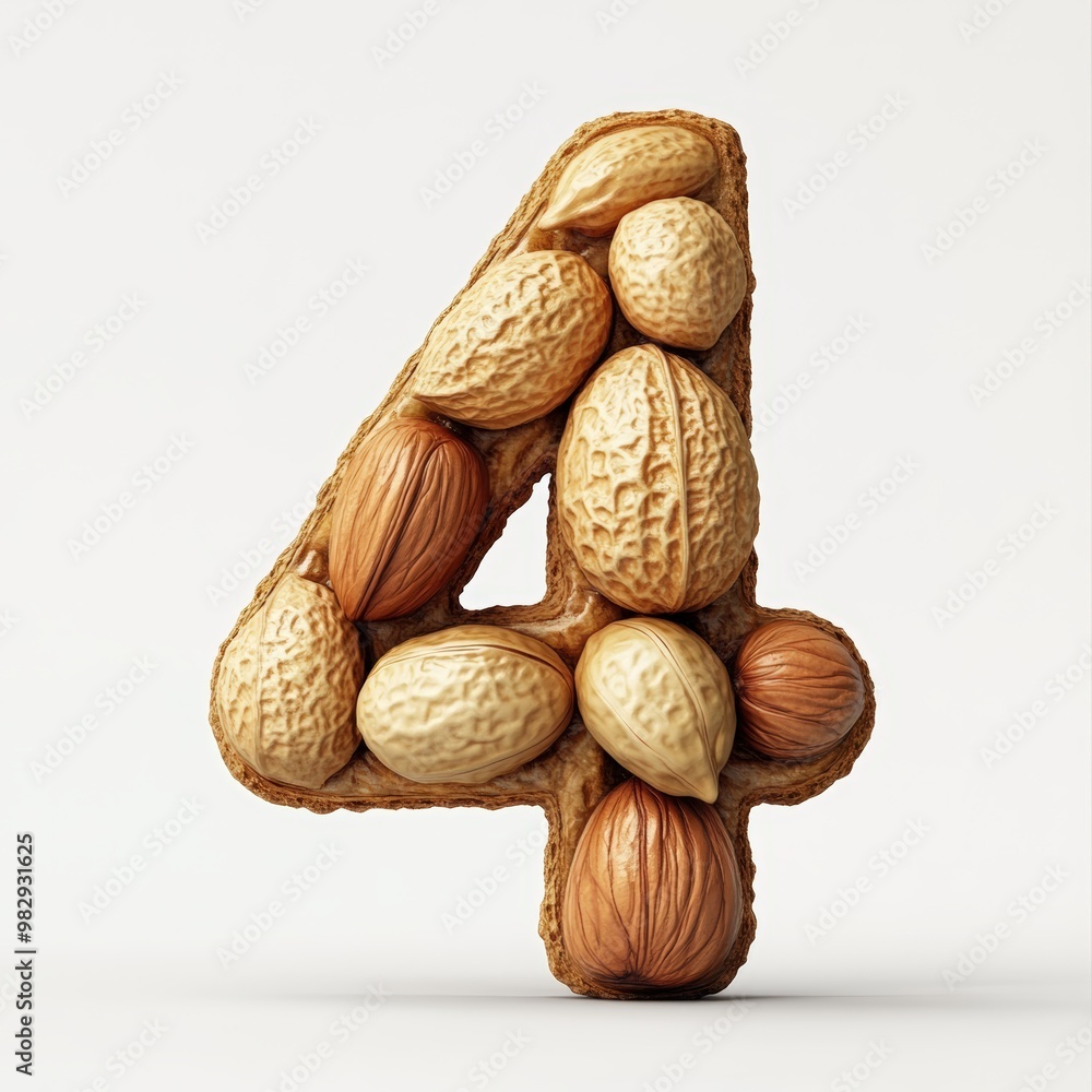 3D number 4 with nut texture realistic modern design, soft lighting, white background. 3D number 4 with nut texture realistic modern design, soft lighting, white background.