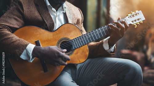 An Afro-Latino man wearing traditional Venezuelan liqui liqui suit, posing elegantly with a cuatro instrument in hand. photo